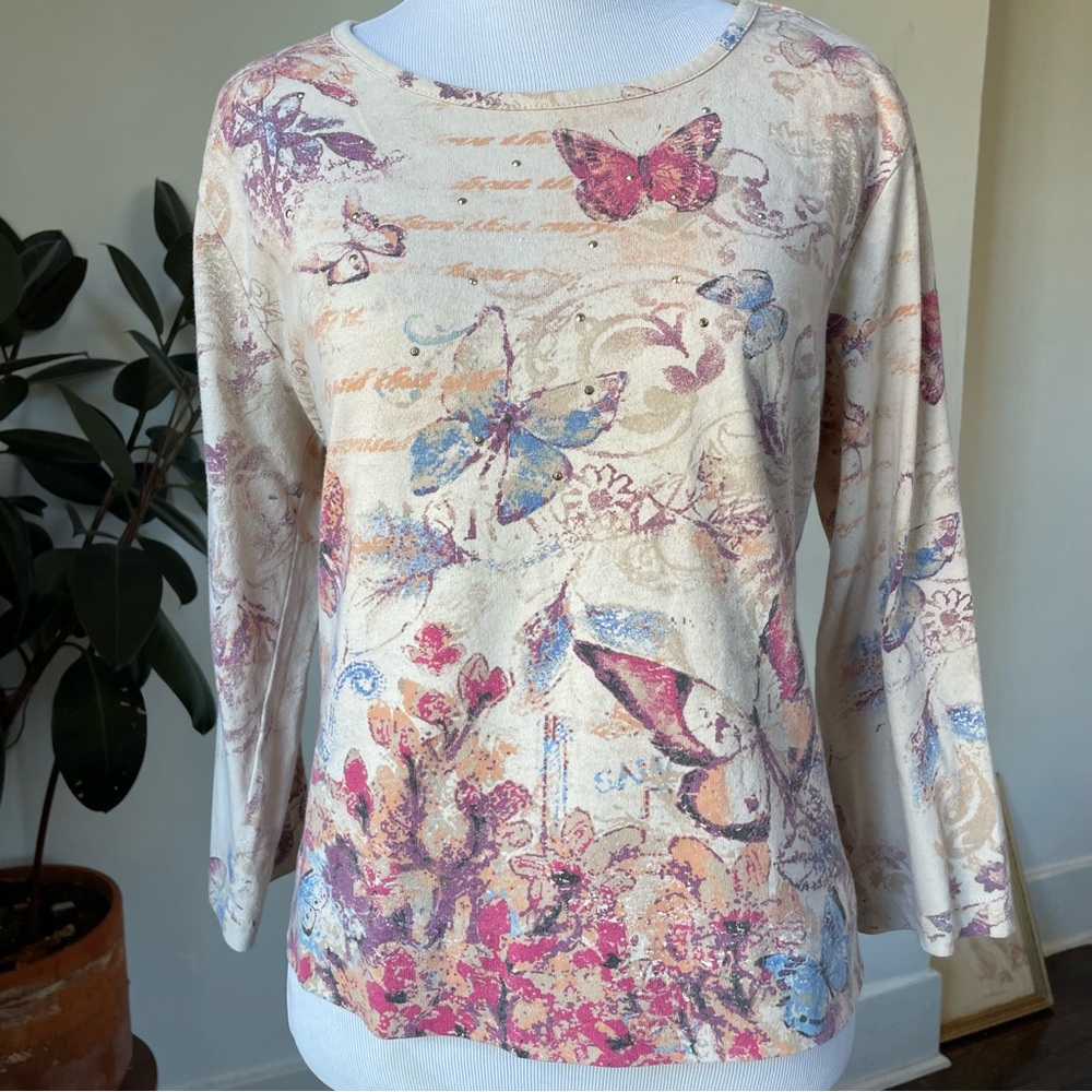 Vintage y2k cream and pink butterfly print long sleeve top